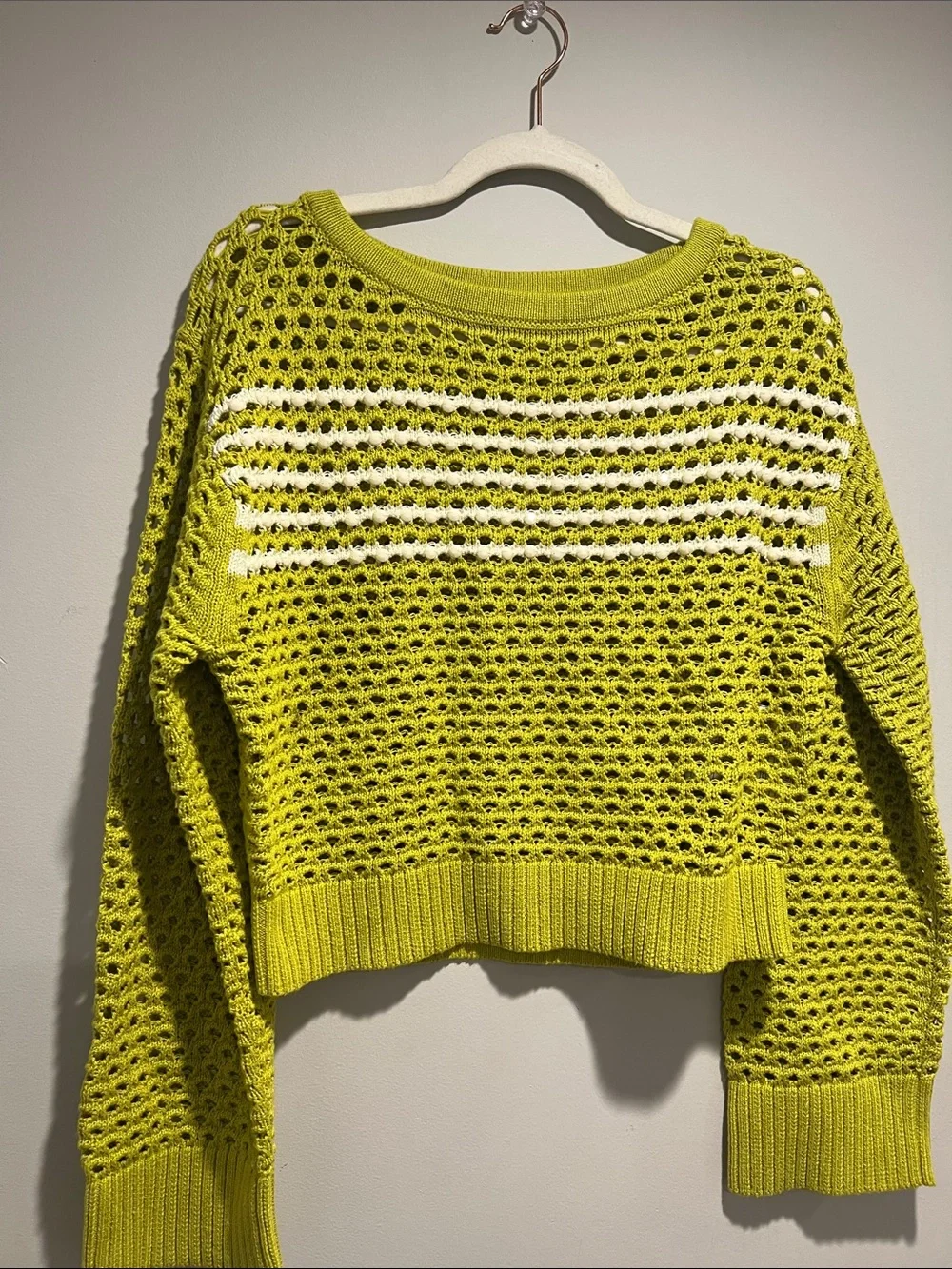 J Crew Women’s Lime Open-Knit Pullover Sweater with White Stripes